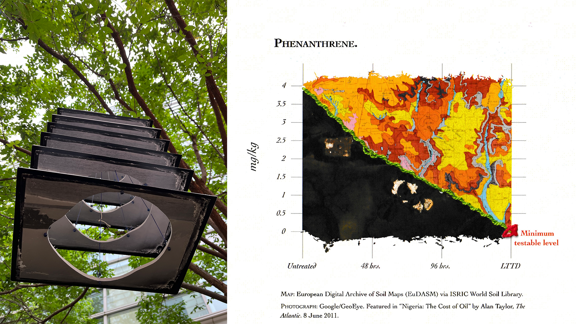 Left: Panels of a black and white photograph of the antartic are suspended from a tree by blue string, with rings in decreasing size corresponding to the size of the hole in the ozone layer. Right: Brightly colored hydrology map is stitched together with a photograph of an illegal oil well in Nigeria. The stitched line forms the data from a bioremediation project to reduce heavy metals in affected areas.