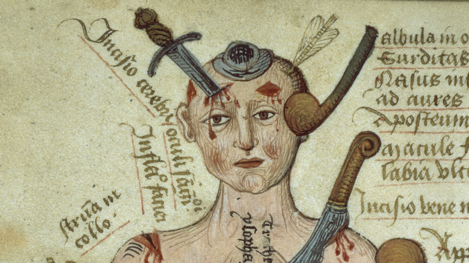 An illustration of a male human head with various wounds and weapons protruding from him.