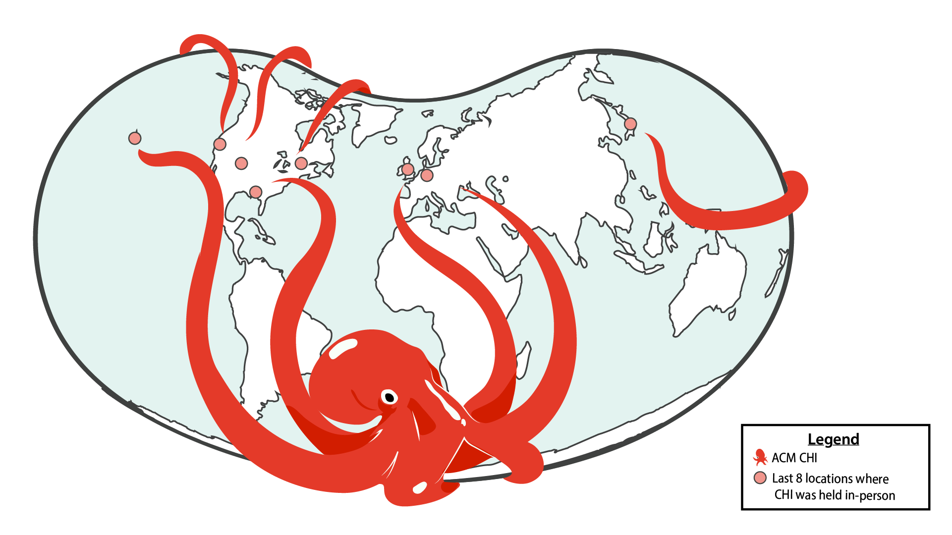 The figure shows a map projection of the Earth, with a cartoon octopus wrapped around and whose arms point towards locations where the ACM CHI conference has been held. 