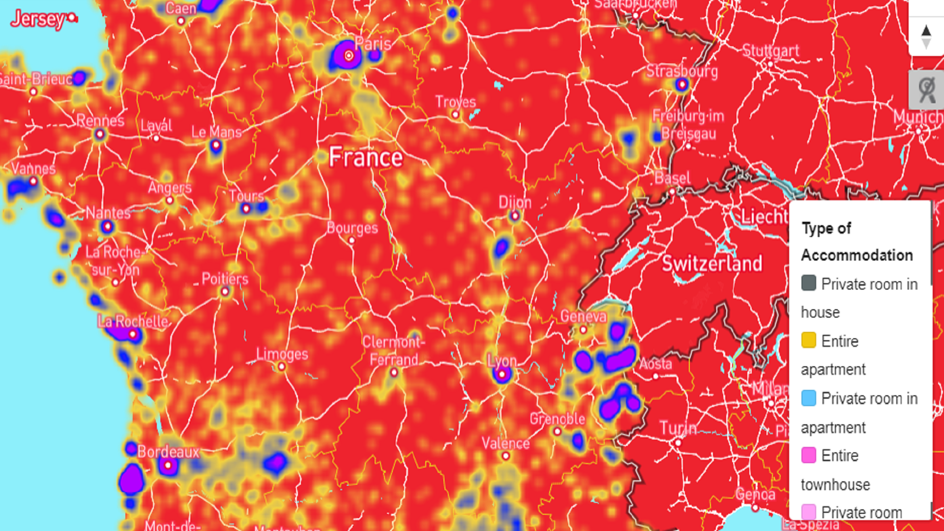 A screengrab of an interactive data visualization is shown. The visualization is a map of France where color indicates the most common form of accomodation present in a given location. The majority of the map is bright red, except for a handful of spots that are other colors, such as blue, purple, and yellow.