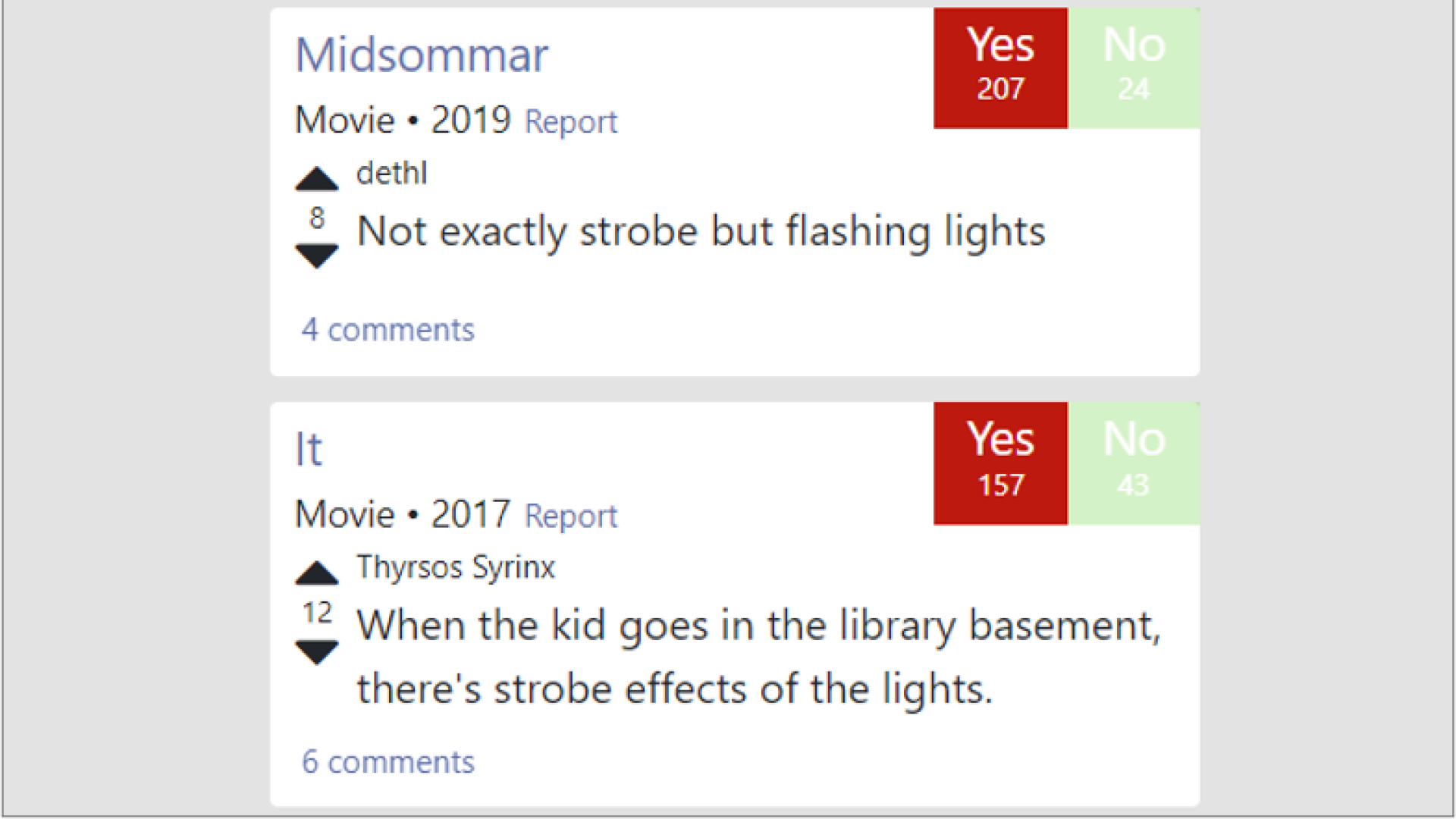 Two examples of crowdsourced warnings about flashing lights are shown. The first is for the film Midsommar and says "Not exactly strobe but flashing lights". The second is for the film It and says "When the kid goes into the library basement, there's strobe effects of the lights."